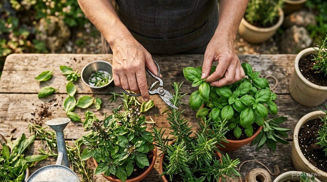 Manos cosechando y despuntando hojas frescas de albahaca y ramas de romero con tijeras de podar sobre mesa de huerta exterior
