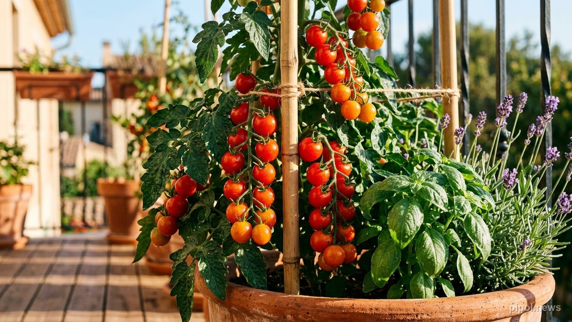 Planta de tomate cherry cargada de frutos rojos en maceta con tutor junto a una planta de albahaca fresca en balcón soleado