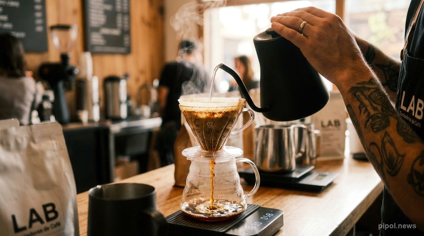 Primer plano de un barista vertiendo agua caliente con pava de cuello de cisne sobre un cono de filtrado V60