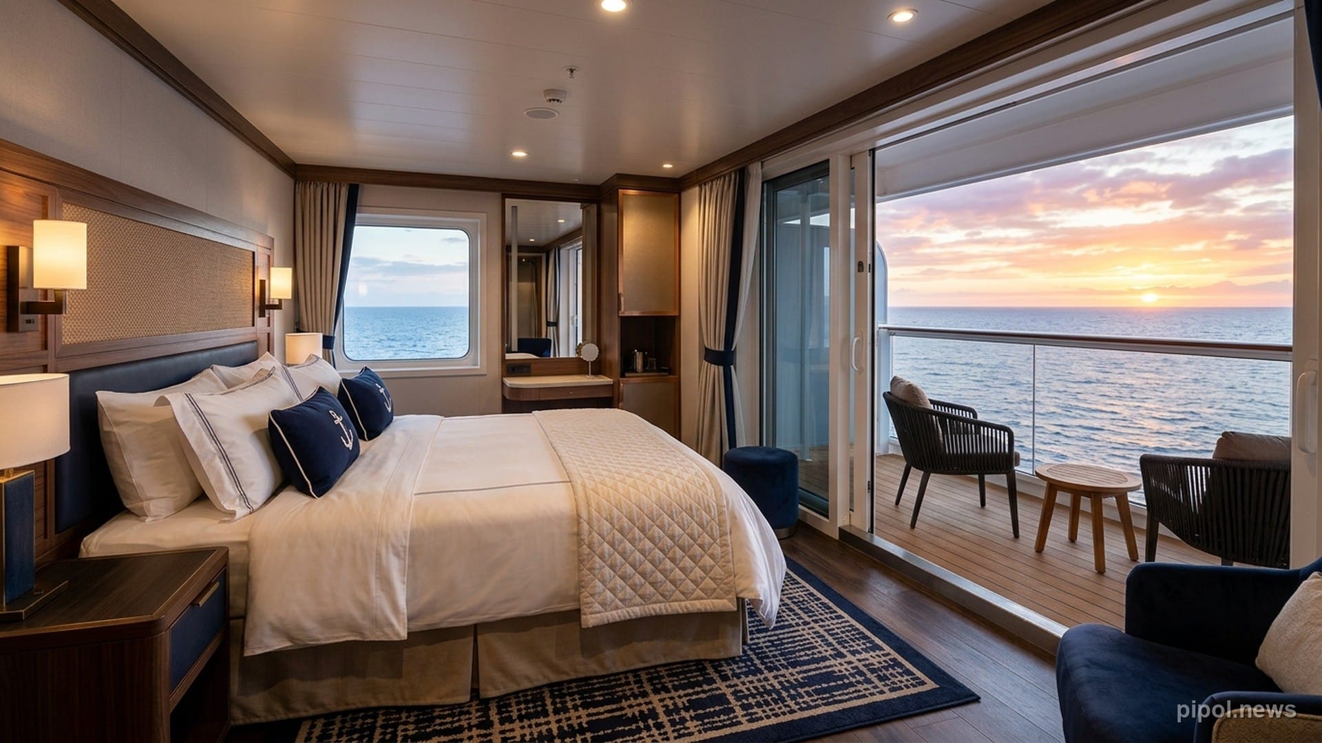 Camarote de crucero con cama matrimonial, balcón privado de madera y vista abierta al mar al amanecer