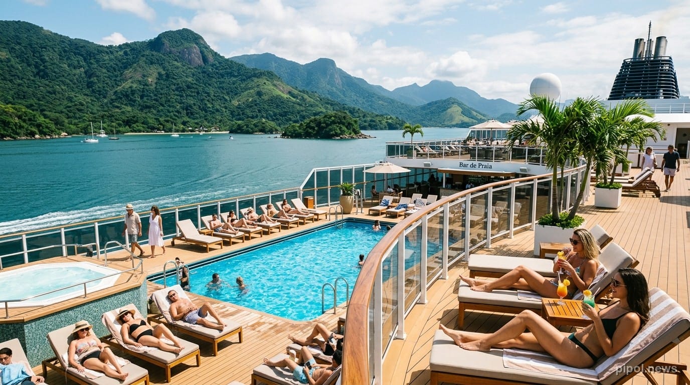 Pasajeros relajándose en reposeras junto a la piscina en la cubierta superior del crucero navegando cerca de las costas verdes de Brasil