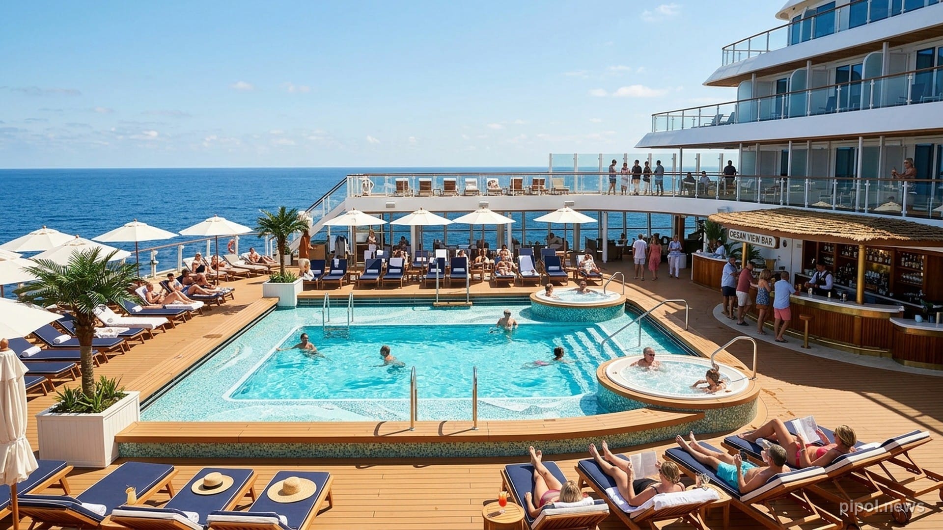 Cubierta superior de un barco de crucero con piscina turquesa, hidromasajes, reposeras y bar al aire libre bajo el sol
