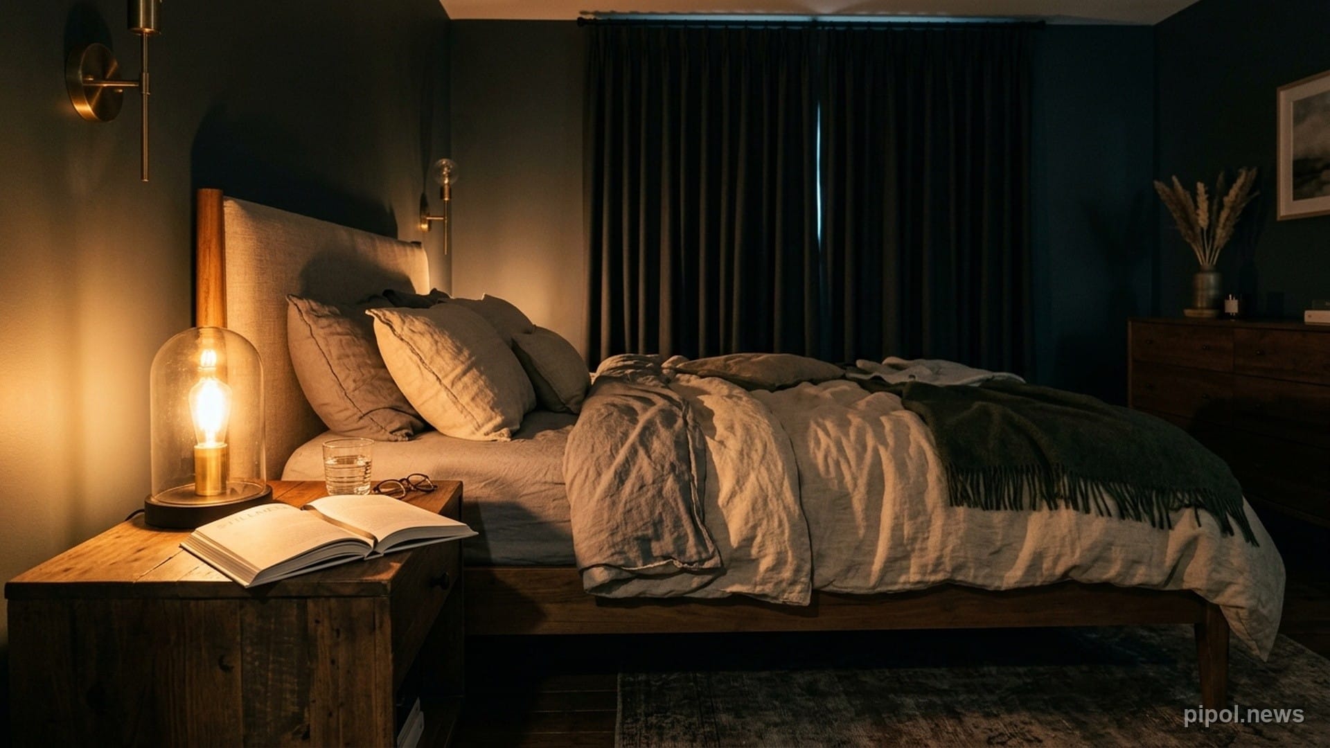 Habitación nocturna en calma con lámpara de luz ámbar cálida en la mesa de luz y cortinas cerradas