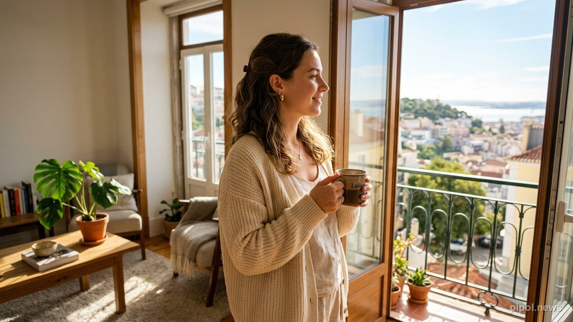 Mujer junto a una ventana abierta recibiendo los rayos dorados del sol de la mañana con una infusión