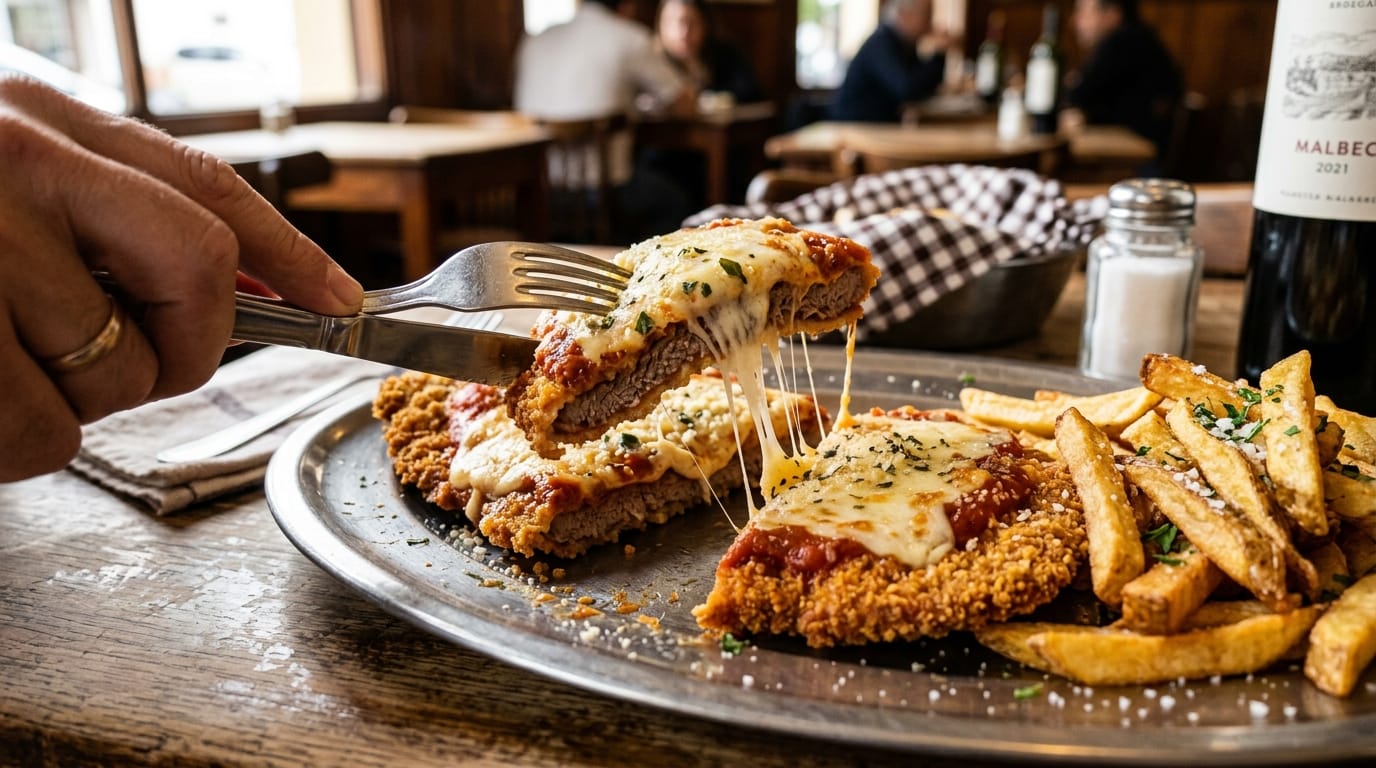 Primer plano de milanesa napolitana con queso mozzarella fundido estirándose al corte del tenedor y papas fritas doradas
