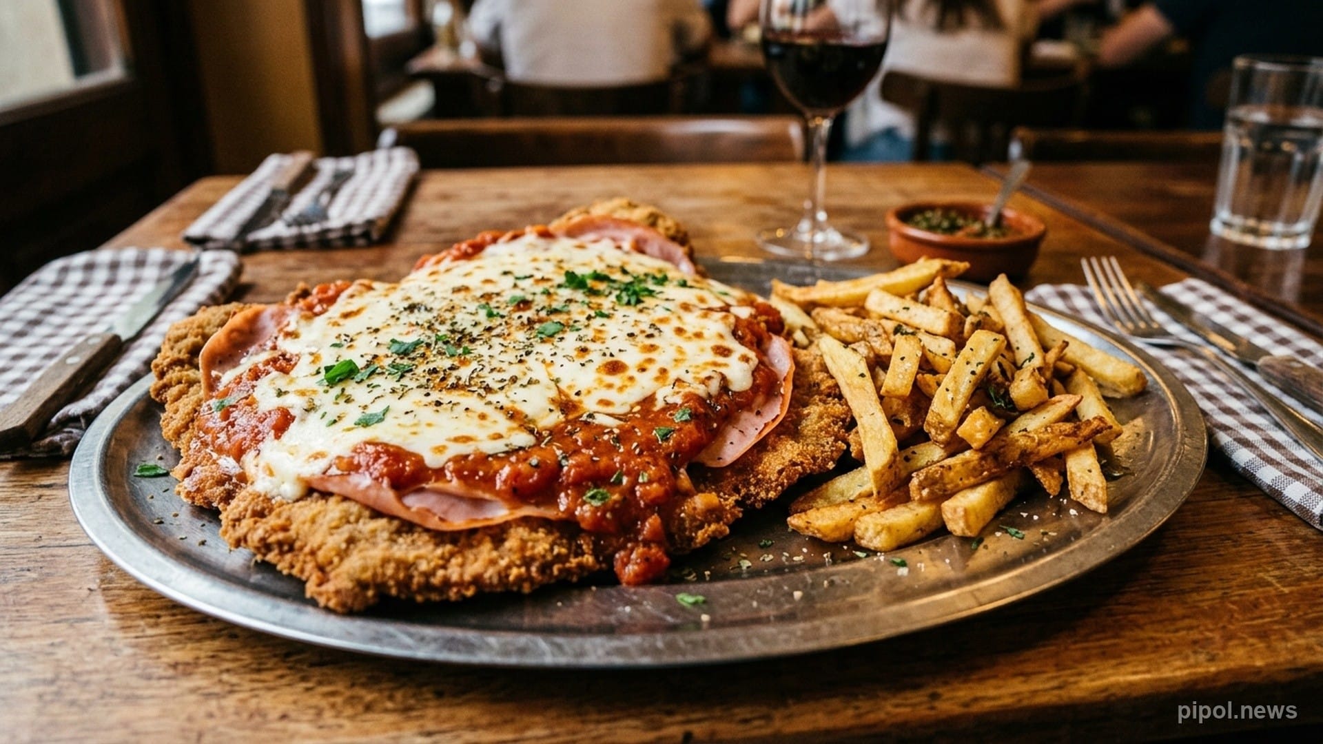 Milanesa a la napolitana XXL sobre fuente ovalada de acero inoxidable con queso mozzarella gratinado, jamón cocido y papas fritas bastón