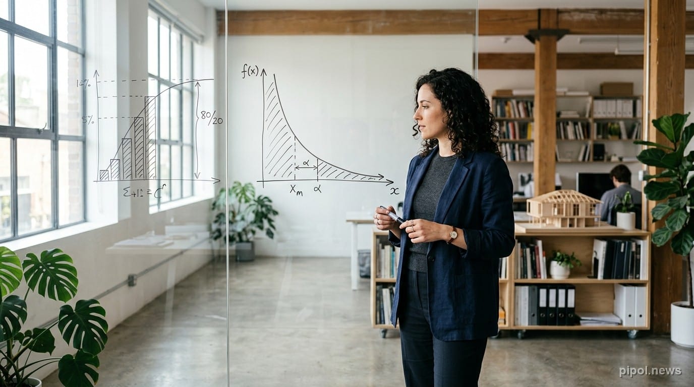 Estratega analizando un gráfico de curva de distribución asimétrica de Pareto en un pizarrón de vidrio