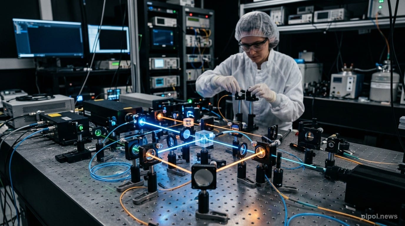 Investigador en laboratorio de óptica cuántica ajustando láseres y divisores de haz en una mesa óptica
