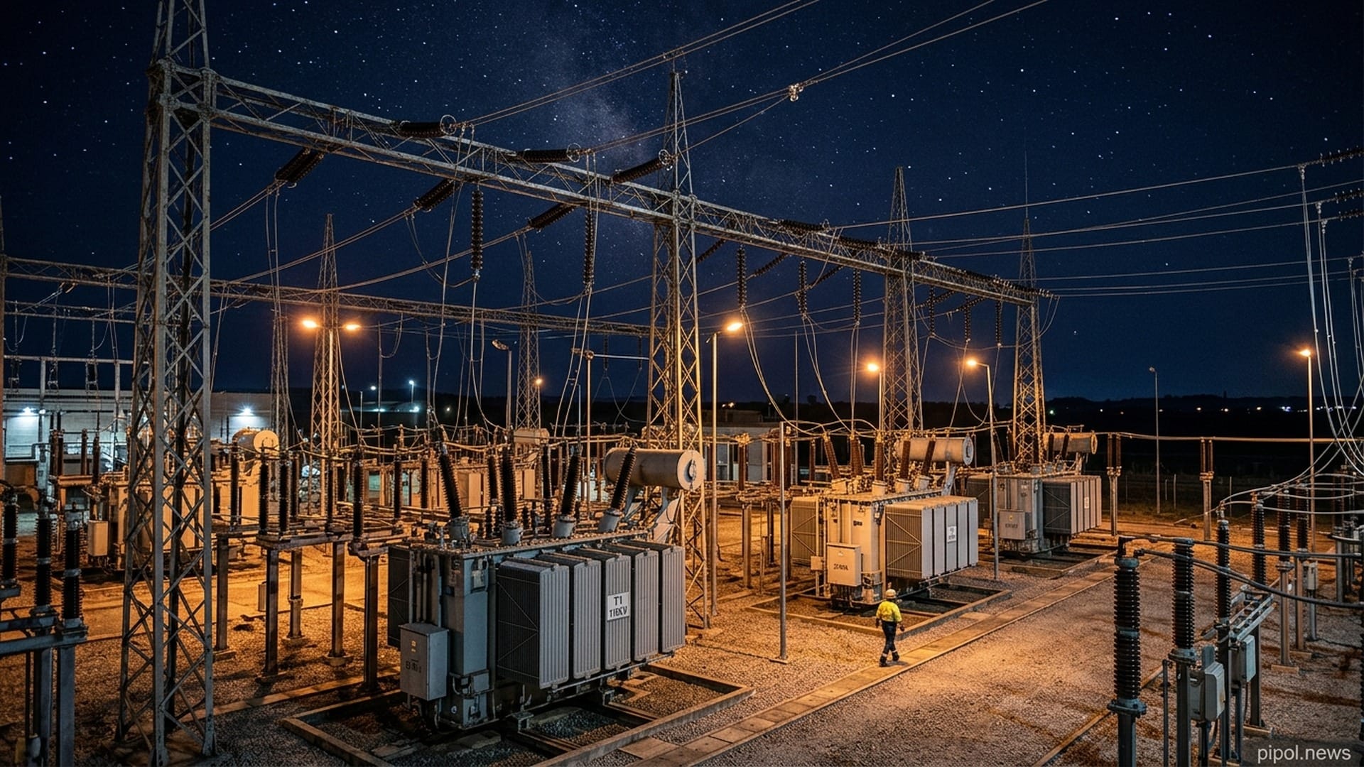 Instalaciones de transformadores y torres de alta tensión en una subestación eléctrica durante la noche