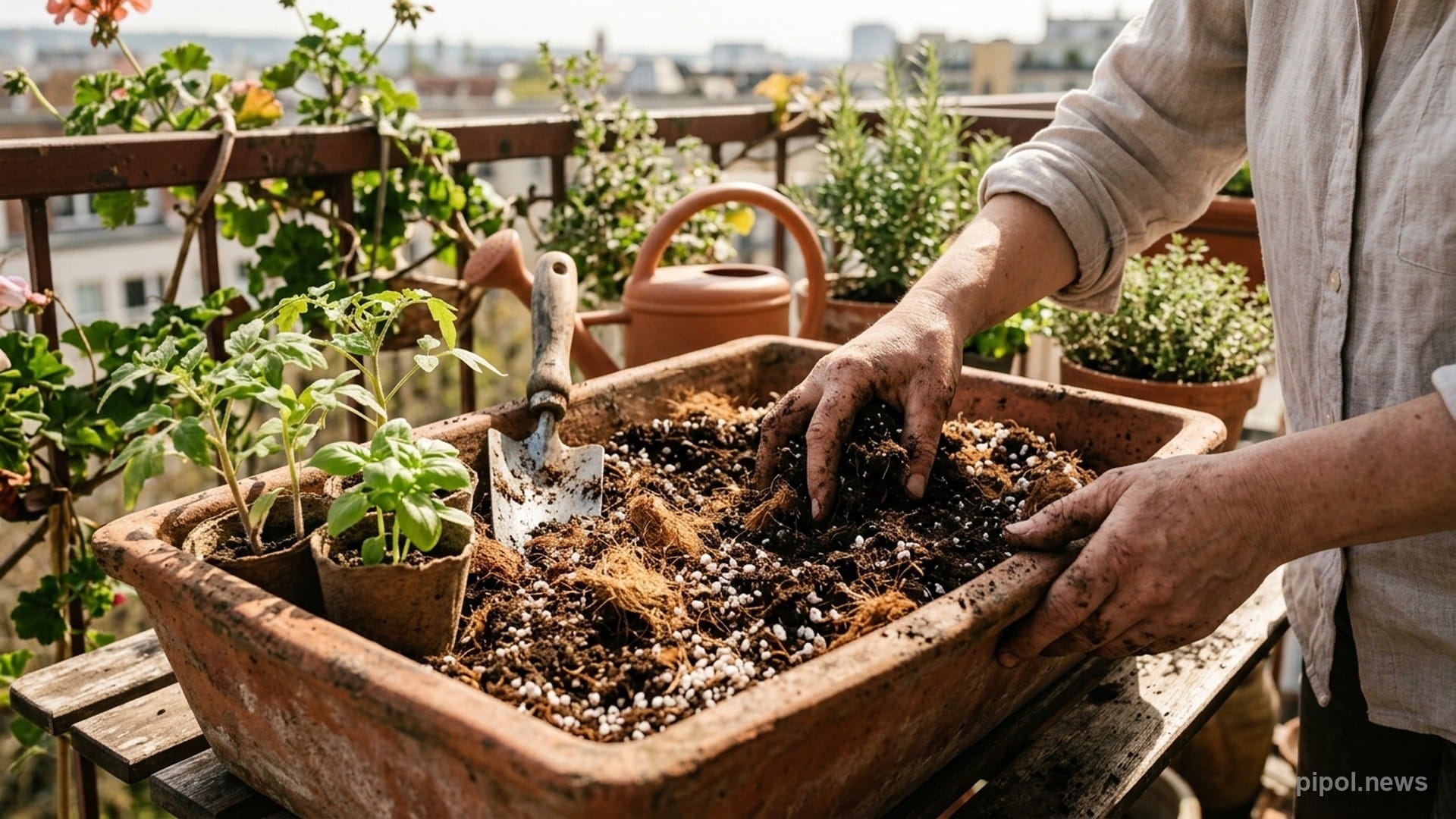 Manos jardineras mezclando sustrato liviano de compost orgánico, fibra de coco y perlita en una jardinera de balcón