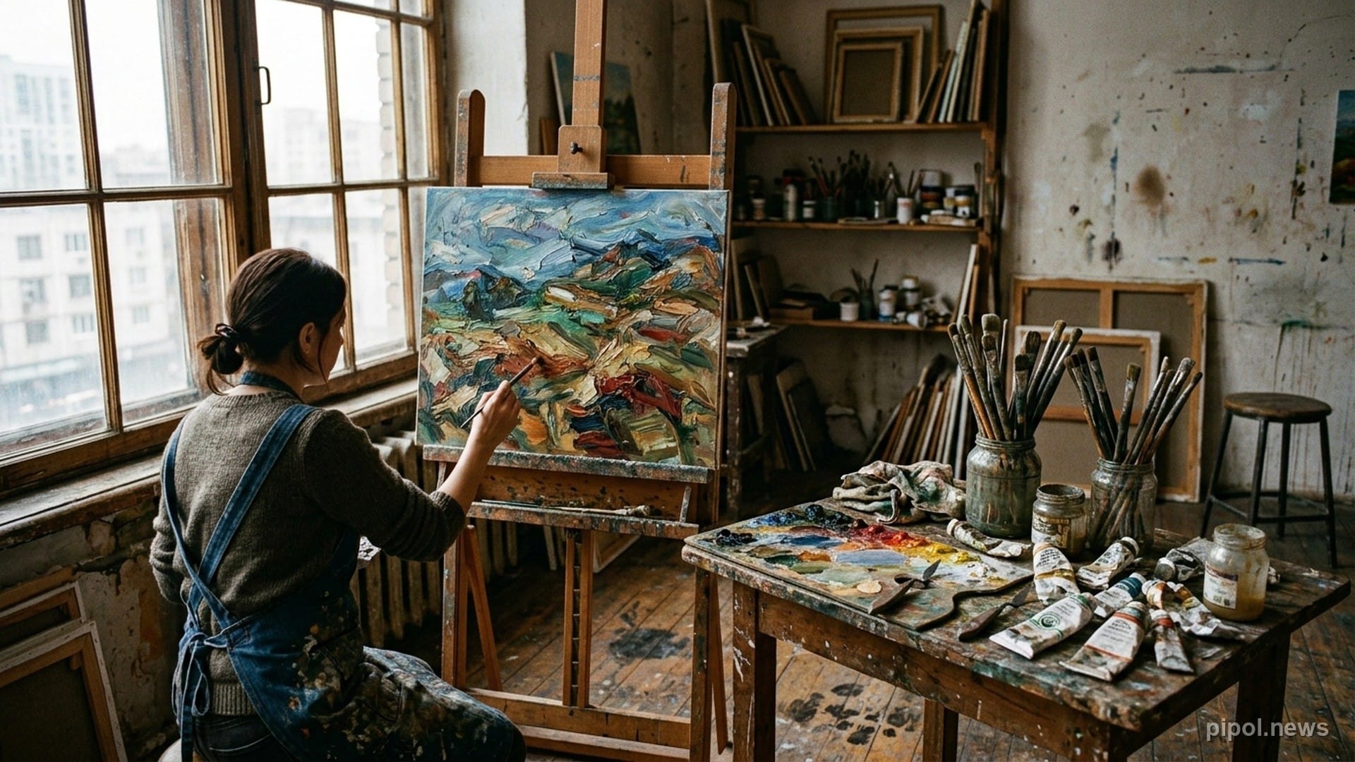 Taller de pintura con caballete de madera, tubos de óleo, espátulas y un lienzo expresionista iluminado por una ventana