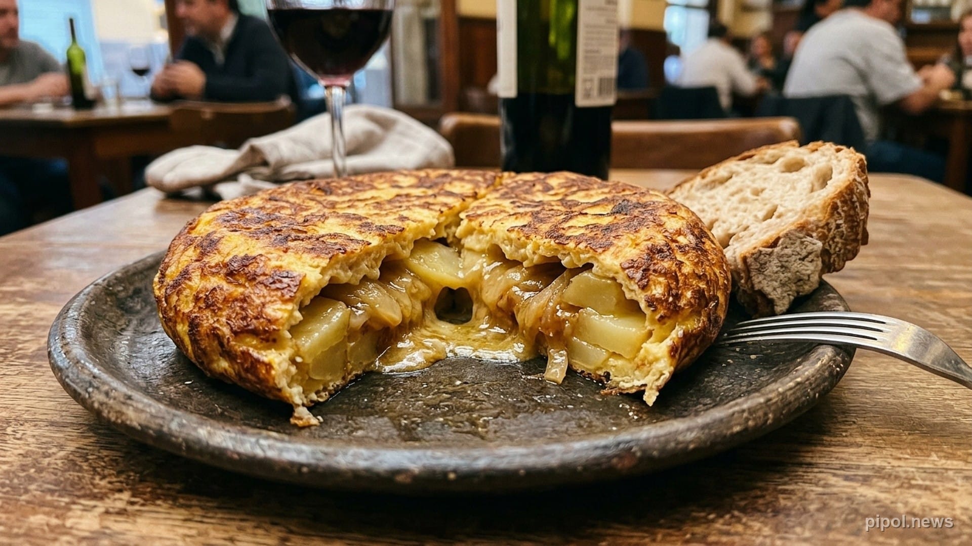 Tortilla de papas a la española cortada al medio en punto babé con interior cremoso y cebollas caramelizadas