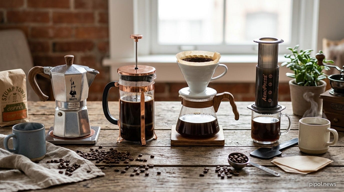 Colección de cafeteras hogareñas sobre mesa de madera: cafetera moka italiana, prensa francesa, cono V60 y aeropress