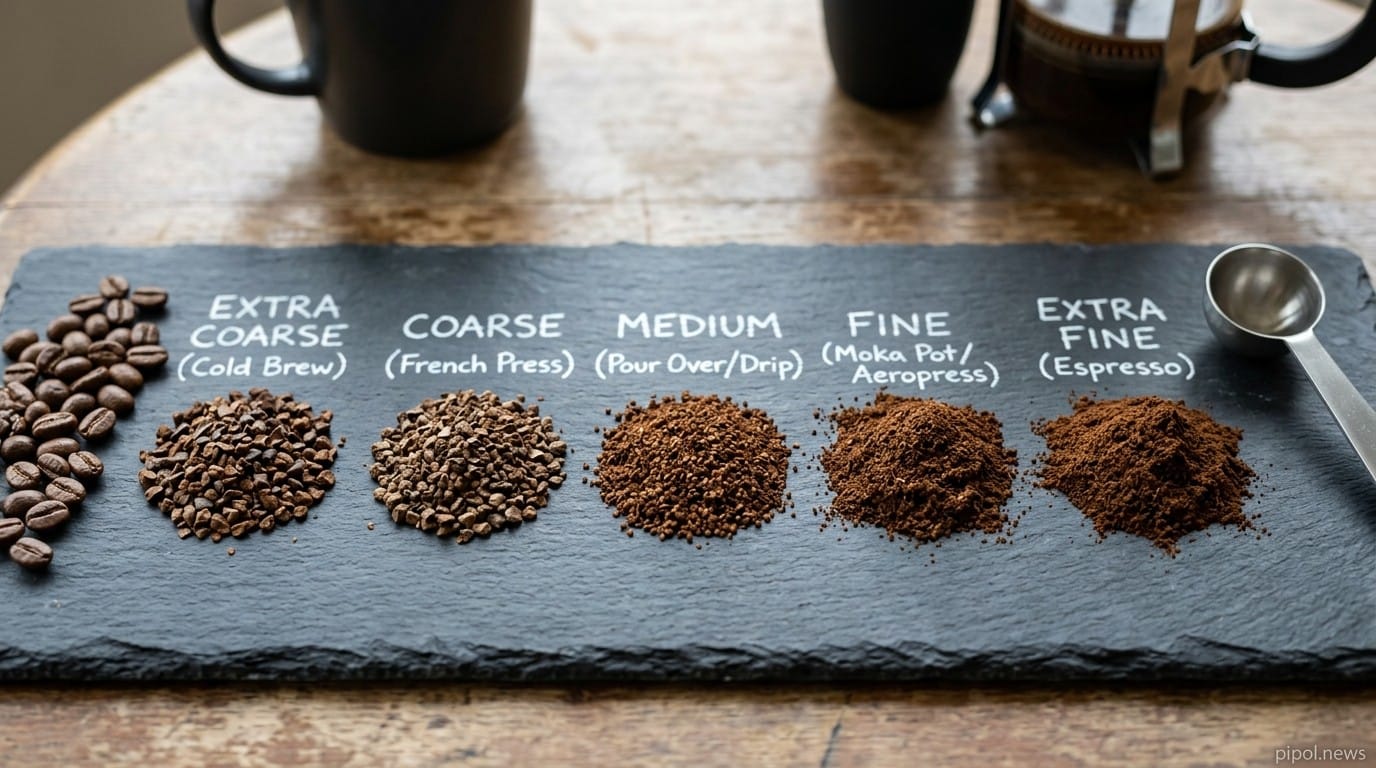 Muestrario comparativo de tipos de molienda de café sobre pizarra desde extra gruesa para cold brew hasta extra fina para espresso
