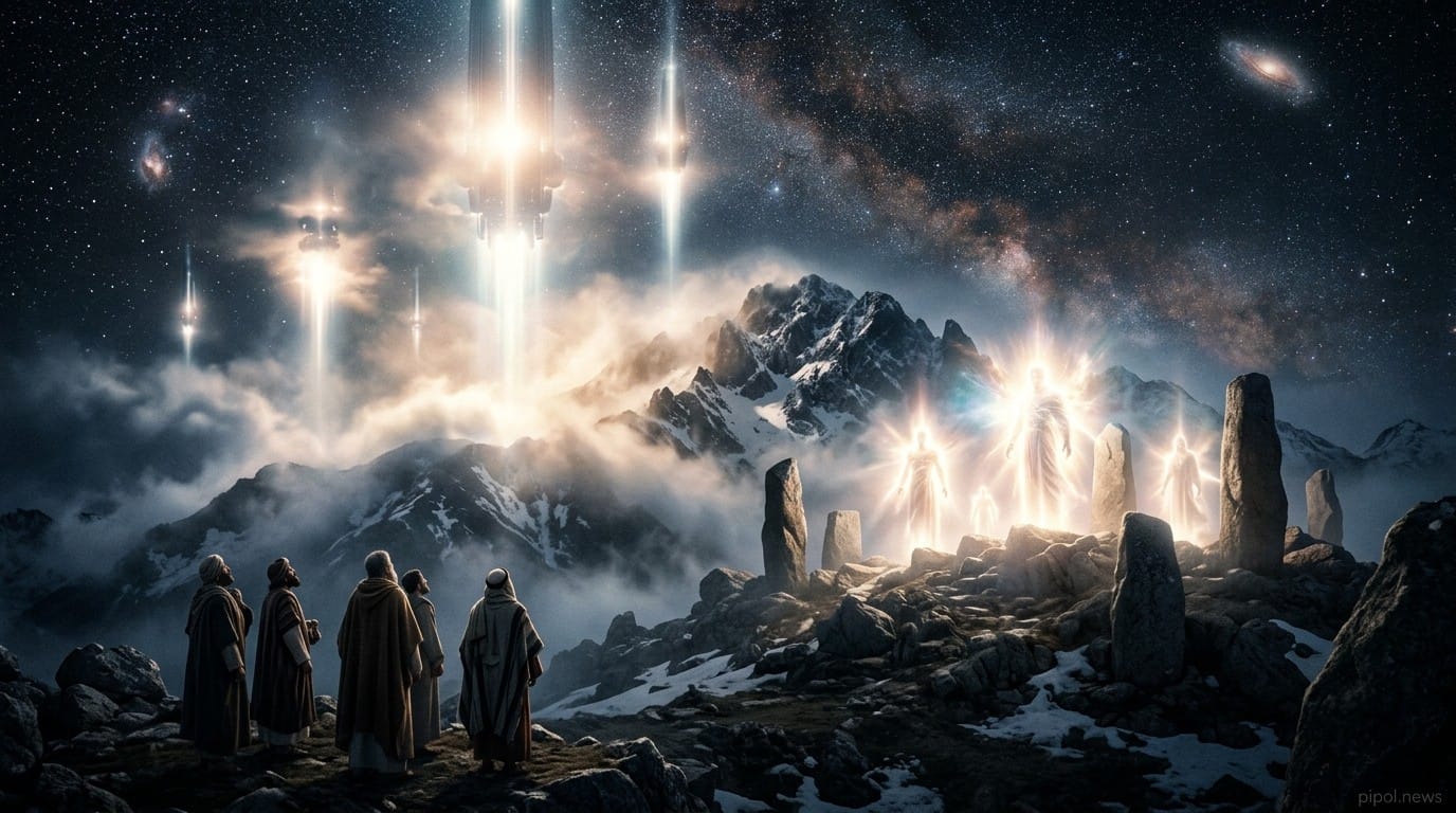 Descenso de seres celestiales luminosos y naves sobre la cumbre del Monte Hermón observado por pastores nómadas