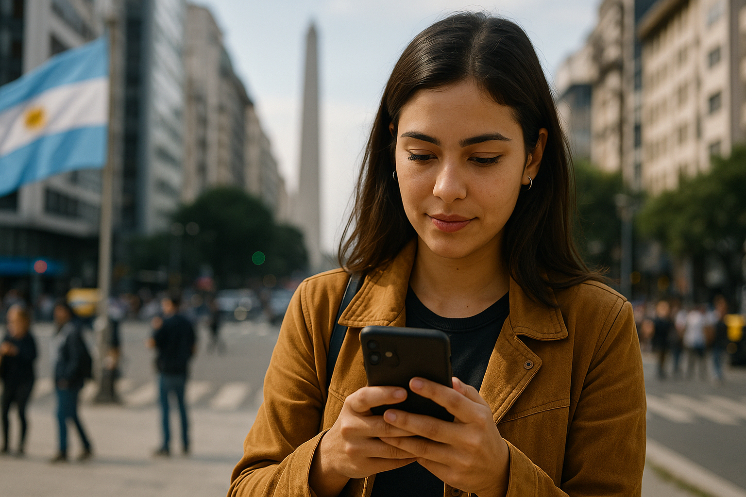 Joven argentina mirando su celular cerca del obelisco