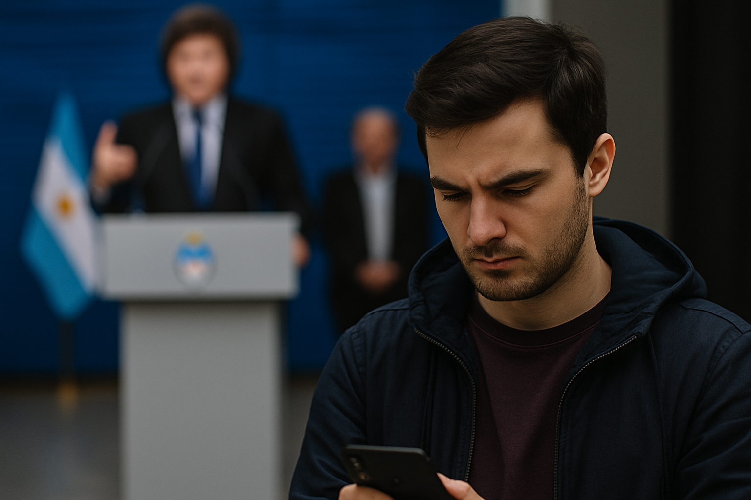 Joven argentino participando polñiticamente en redes sociales con su smartphone