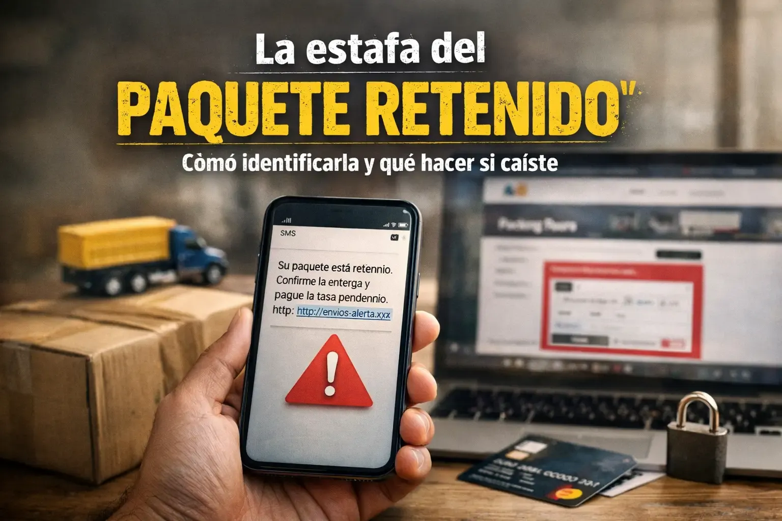 Mano sosteniendo un celular con un SMS falso de “paquete retenido” frente a una notebook, con una caja y un candado sobre la mesa.