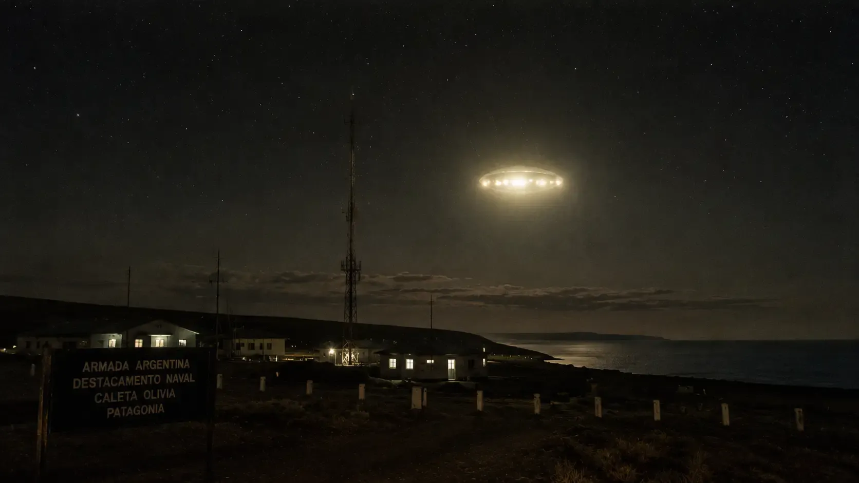 Cielo nocturno sobre la costa patagónica con luz luminosa de origen desconocido, evocando el avistamiento UAP de Trelew 1962