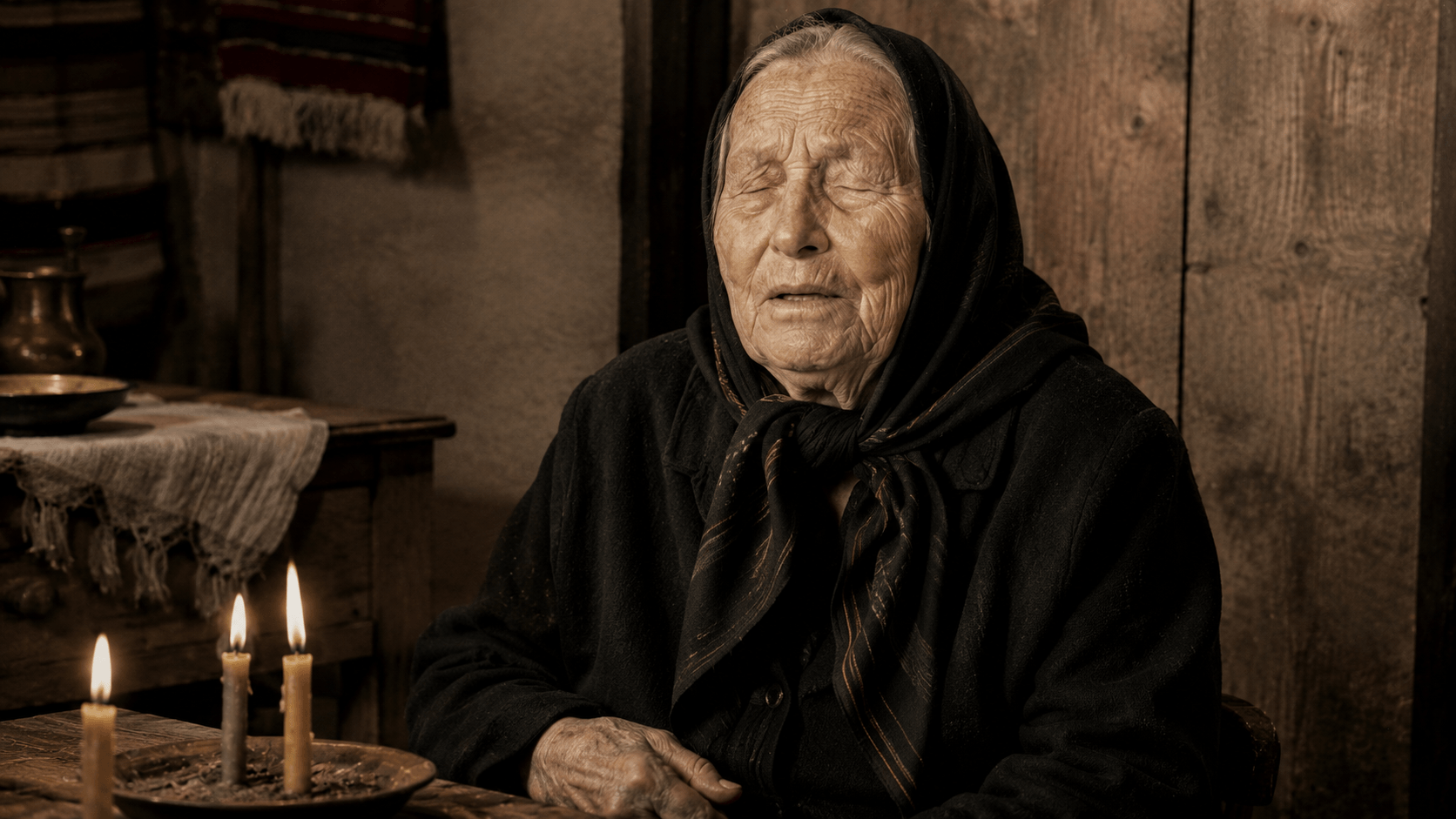Mujer mayor con pañuelo en la cabeza, ojos cerrados, sentada en una habitación humilde con velas encendidas — evocación de Baba Vanga, la vidente búlgara