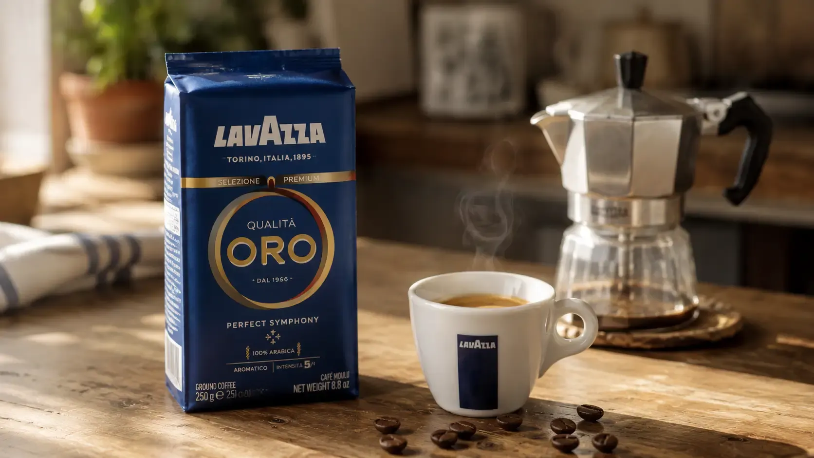 Alt de imagen**: `Paquete azul de café Lavazza Qualità Oro junto a una taza de espresso recién servida con crema dorada sobre mesa de madera clara