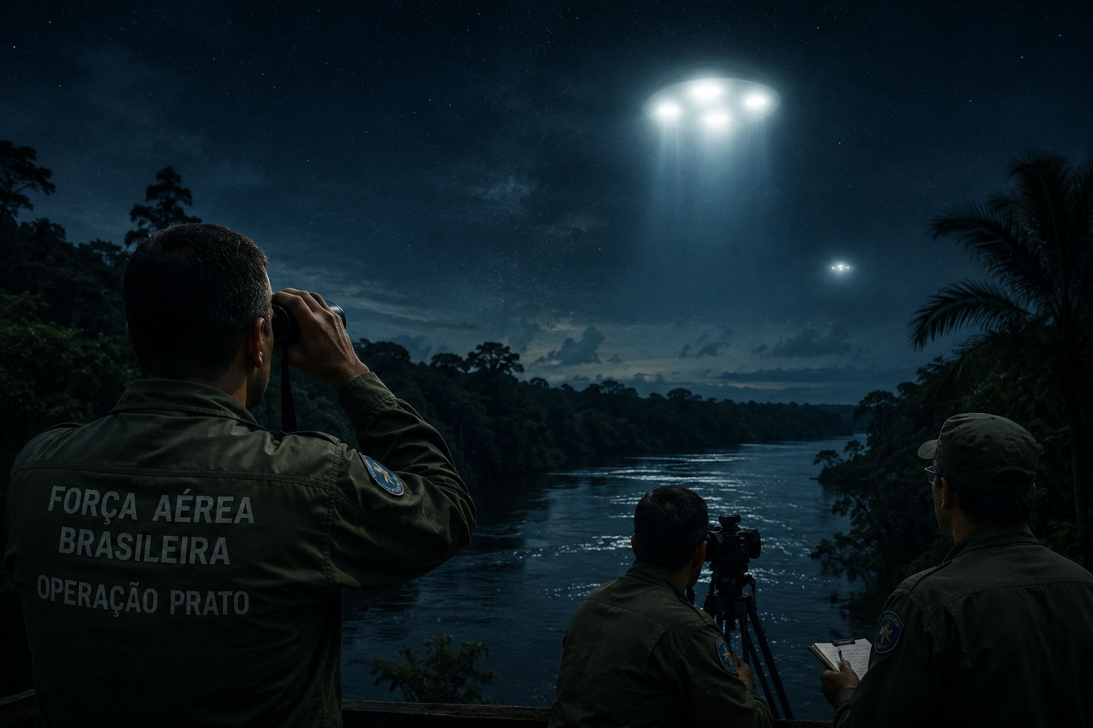 Recreación de Operação Prato: militares brasileños observan extrañas luces sobre la Amazonia durante la investigación OVNI de 1977.