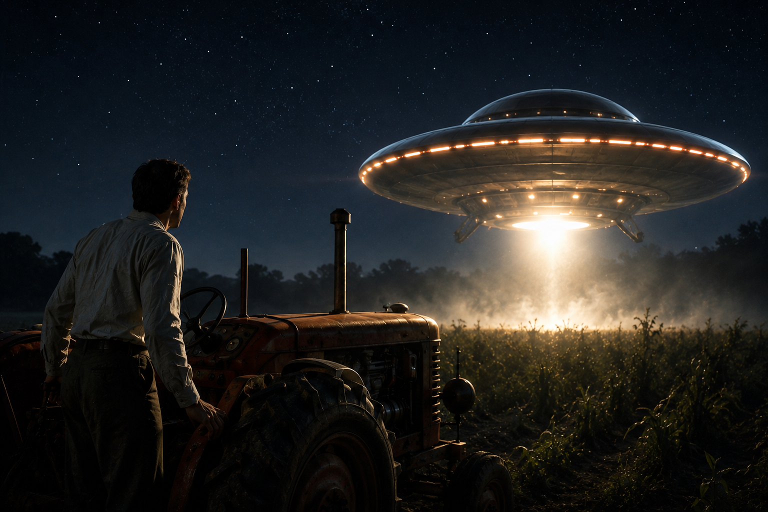Antônio Villas-Boas observa una nave luminosa descendiendo sobre un campo de Minas Gerais durante el famoso caso de abducción extraterrestre de 1957.
