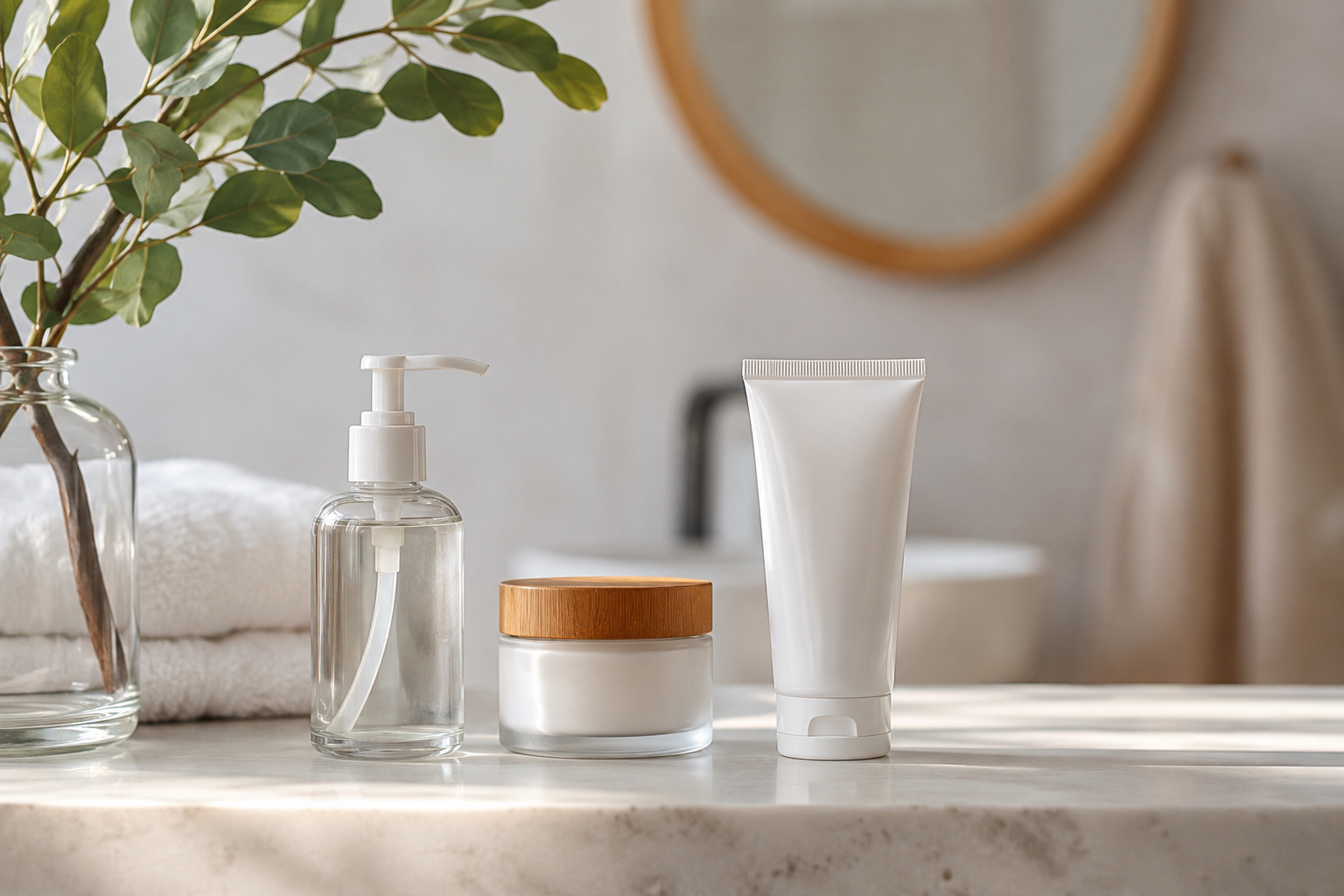 prodcutos de cuidado de belleza sobre un tocador aptos para Skinimalism