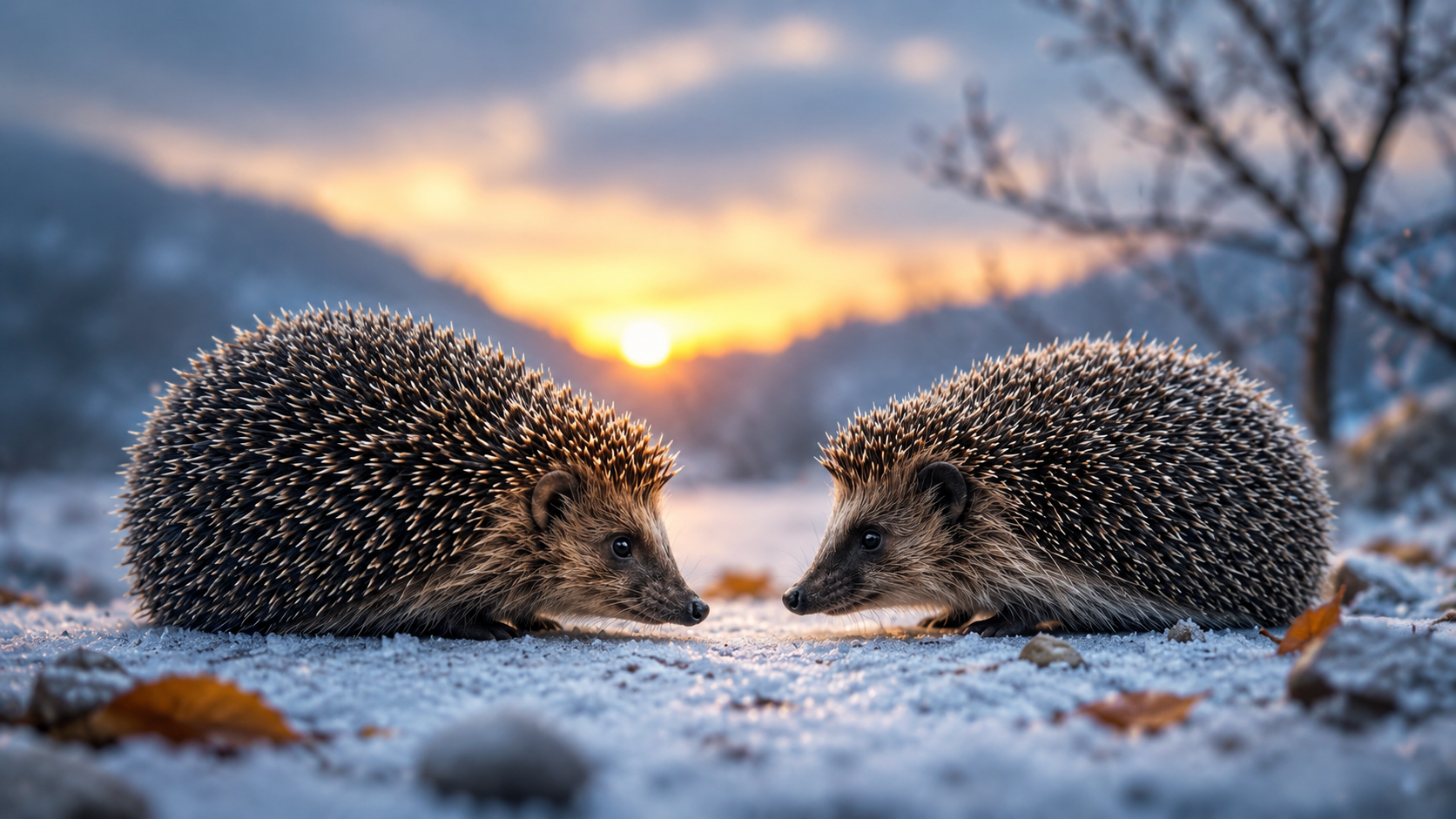 dos erizos mirandose en un bosque nevado al atardecer