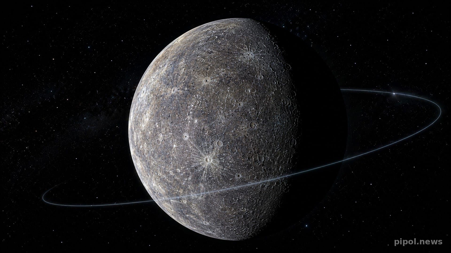 El planeta Mercurio con una estela que dibuja su órbita, sobre fondo de espacio profundo