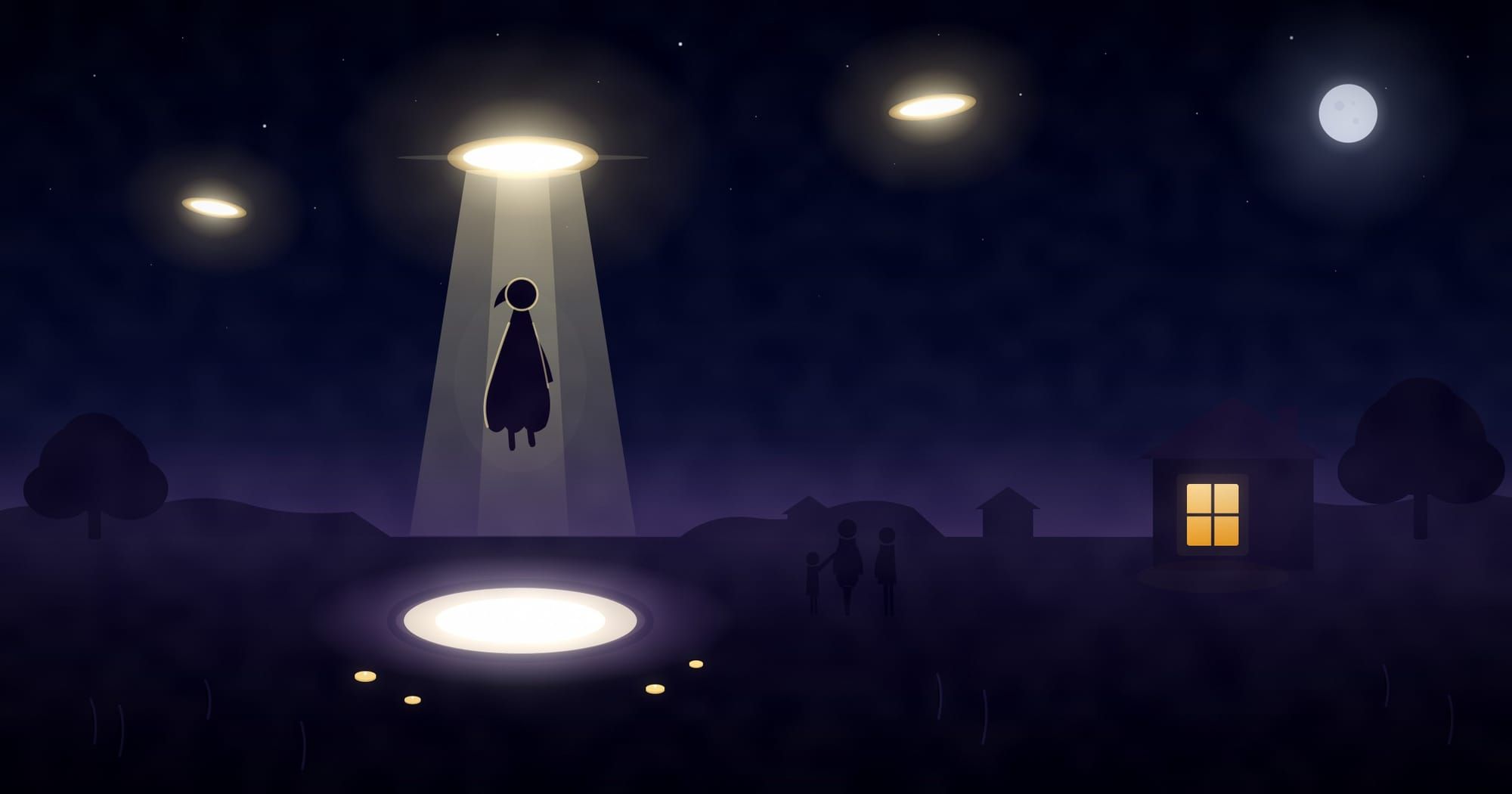 representación gráfica de mujer siendo abducida por un ovni durante la noche.