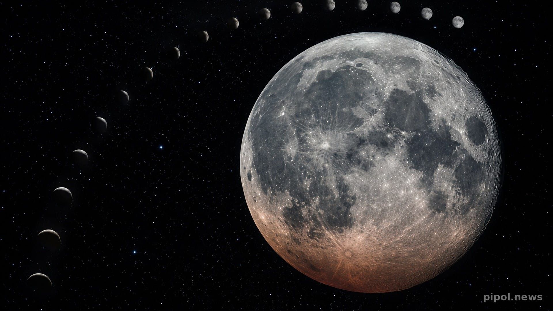 Luna llena en detalle sobre campo de estrellas, con la secuencia de fases lunares en arco y un tinte cobrizo de eclipse