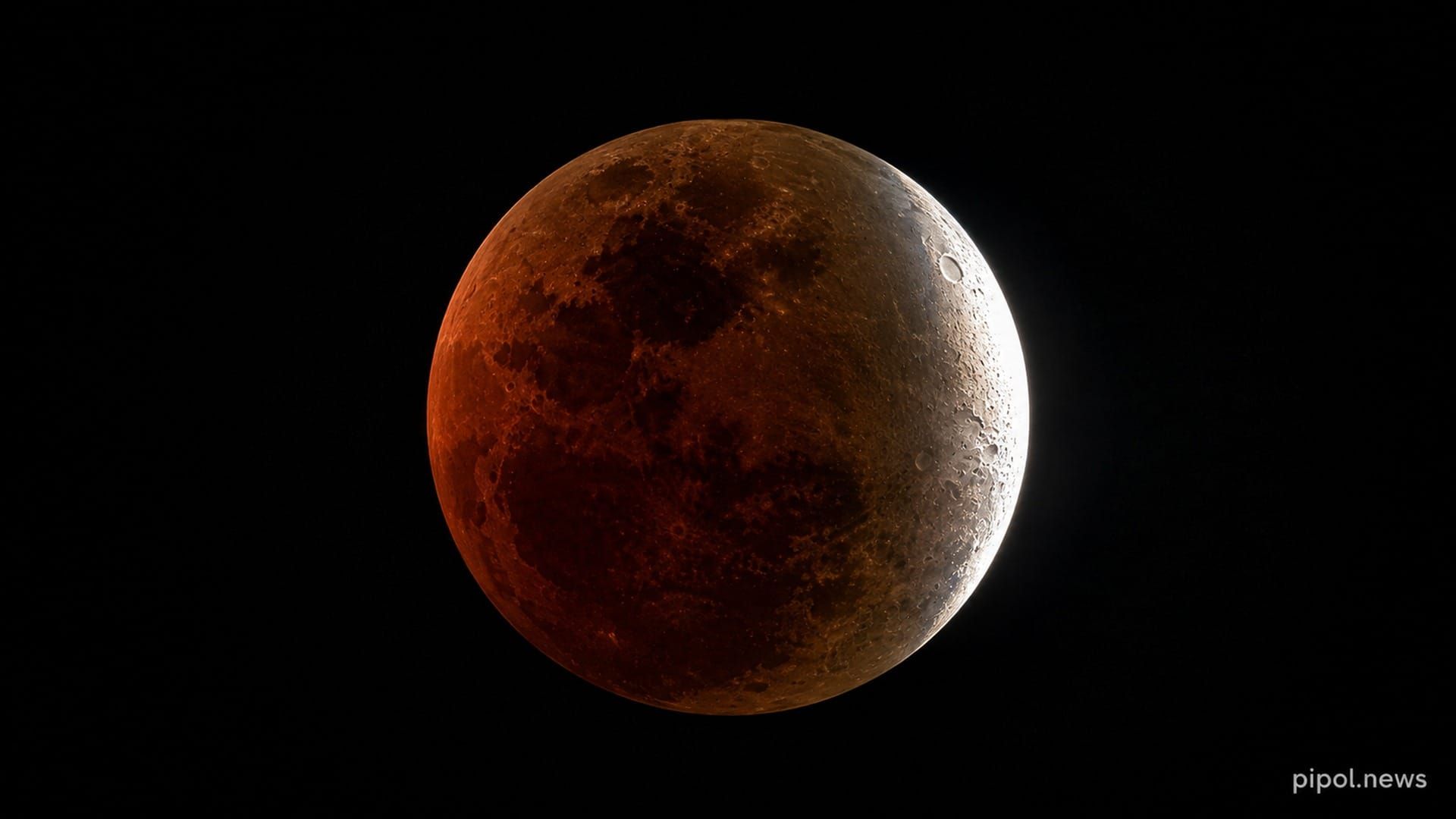 La Luna durante un eclipse parcial profundo: casi todo el disco teñido de cobre rojizo y un filo del borde derecho todavía iluminado en blanco.