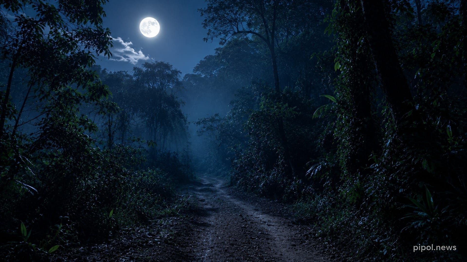 Sendero de tierra que se pierde en un monte subtropical de noche, con luna llena sobre las copas de los árboles y neblina entre la vegetación.