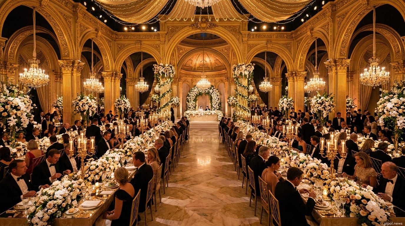 Gran banquete de boda real en un salón dorado con mesas largas iluminadas por velas y arañas de cristal.