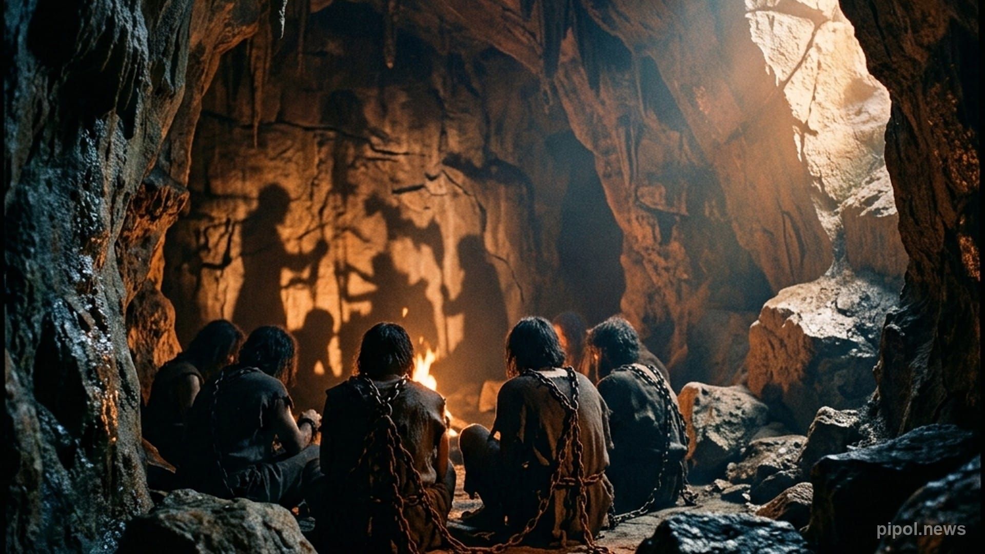 Prisioneros encadenados en una caverna de piedra observando sombras proyectadas por el fuego mientras entra la luz del sol
