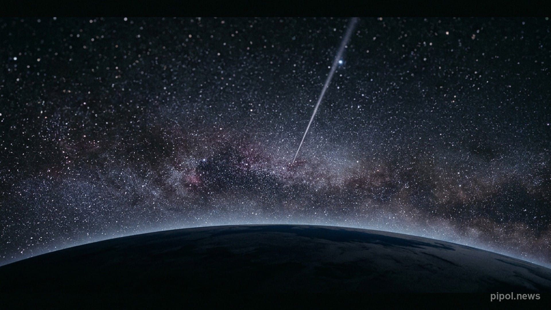 La curvatura de la Tierra bajo un vasto horizonte cósmico estrellado con un haz de luz solitario adentrándose en el espacio