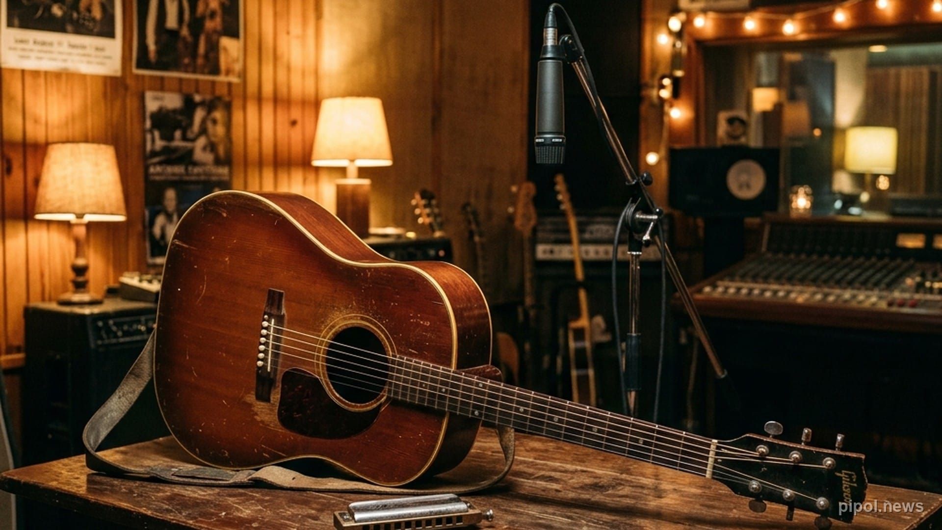 Una guitarra acústica de época y una armónica sobre una mesa de madera en un cálido estudio de grabación de los años 70