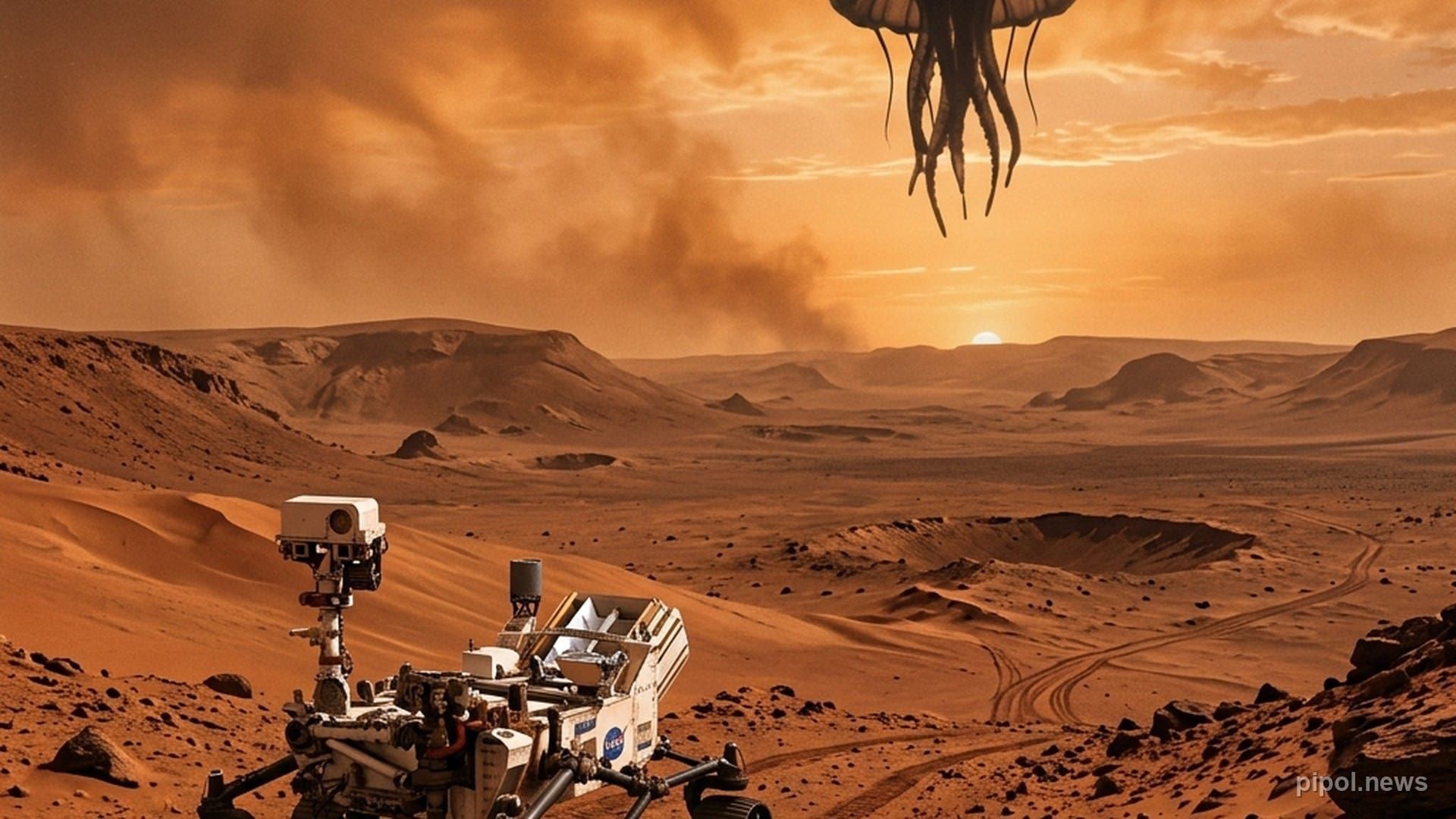 Un rover de la NASA en el paisaje desértico de Marte observando una misteriosa figura con forma de medusa flotando en el cielo