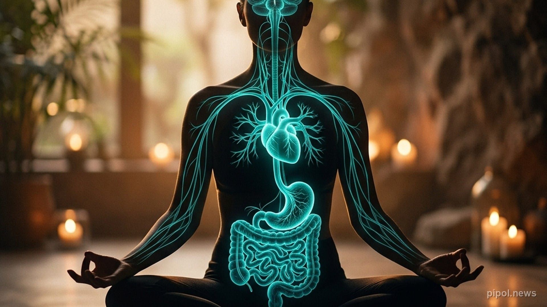 Ilustración médica estilizada y futurista que muestra las conexiones neuronales del nervio vago iluminando el cuerpo humano