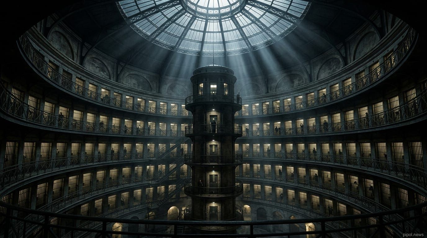 Interior circular de un panóptico con galerías concéntricas iluminadas alrededor de una torre central.