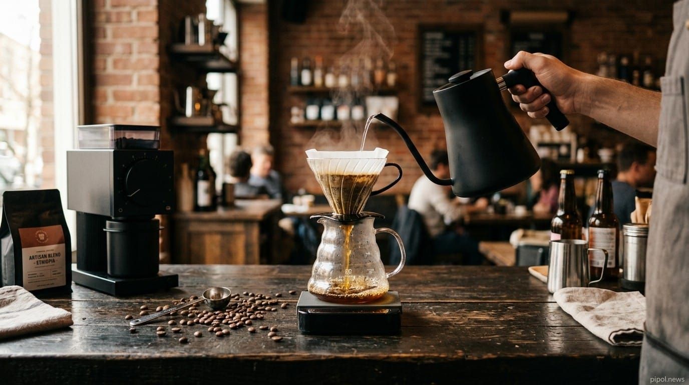 Barista preparando café filtrado pour-over con dripper V60 sobre jarra de vidrio, granos tostados y hervidor en una barra de madera