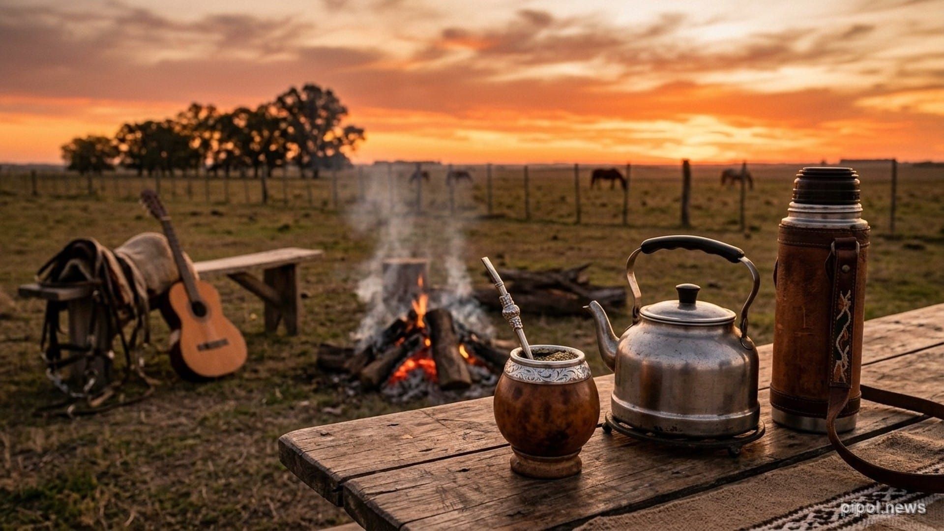 Mesa rústica de madera en el campo argentino con mate criollo de calabaza, pava y termo, con un fogón encendido al atardecer en la pampa