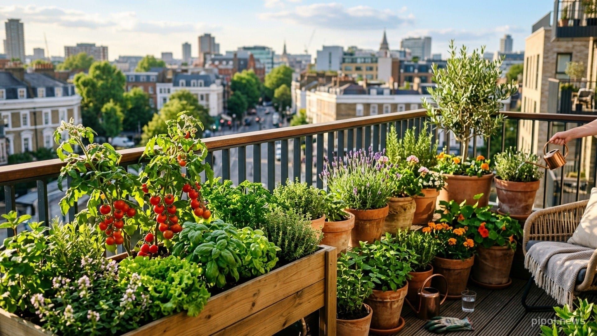 Balcón urbano soleado con jardineras de madera y macetas de barro repletas de tomates cherry maduros, albahaca y lechugas frescas