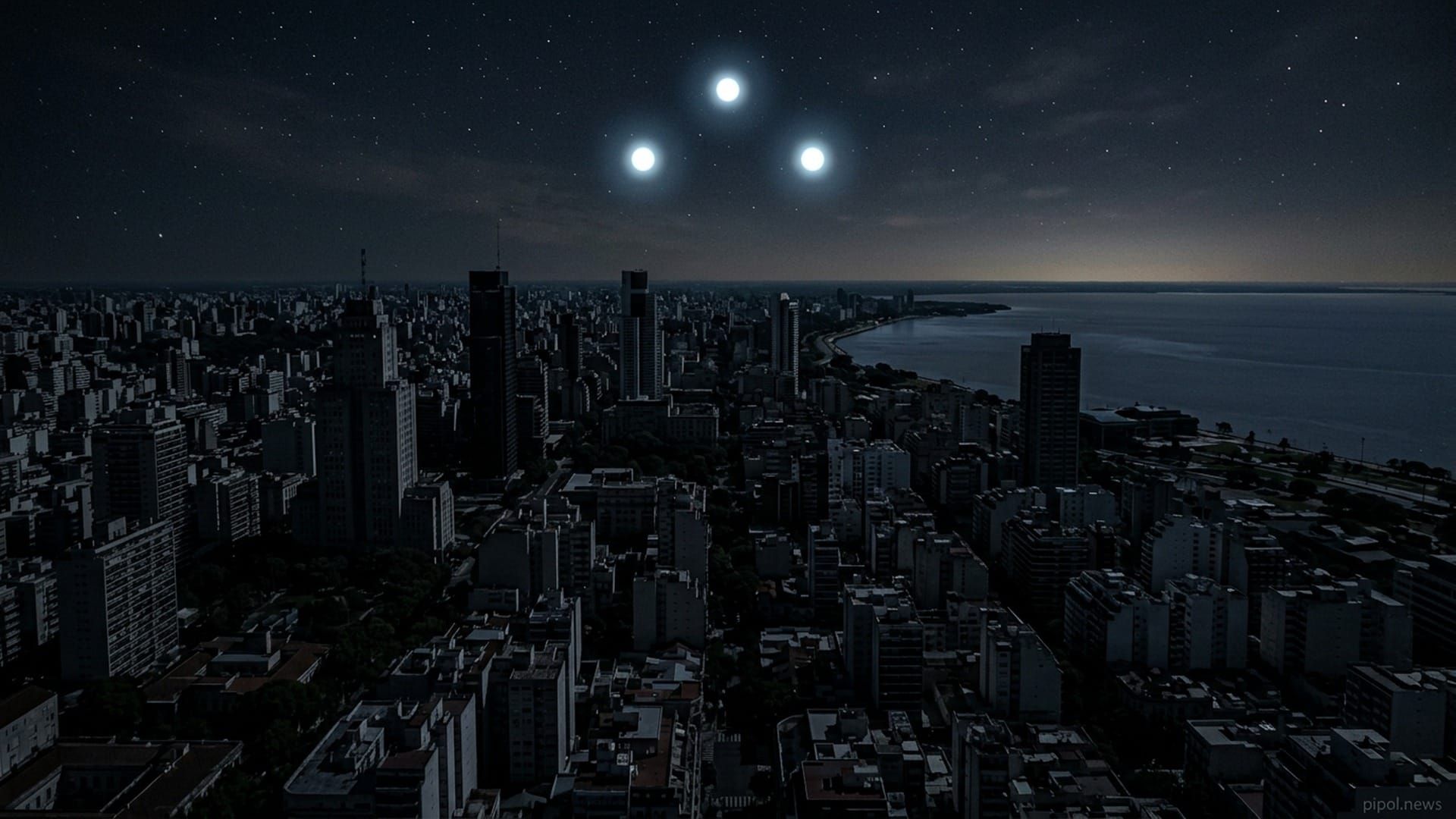 Vista aérea nocturna de Buenos Aires completamente a oscuras por el apagón masivo con tres luces misteriosas brillantes en formación triangular sobre el cielo