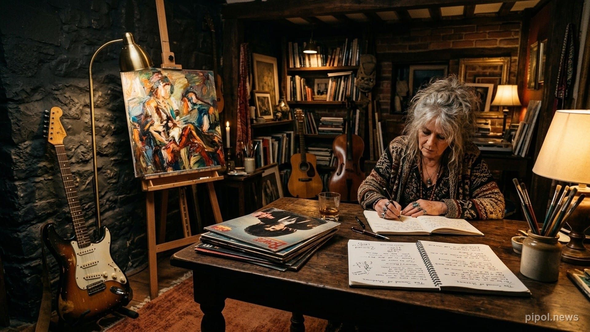 Estudio bohemio de un artista con guitarra eléctrica apoyada, lienzos al óleo, discos de vinilo y luz tenue