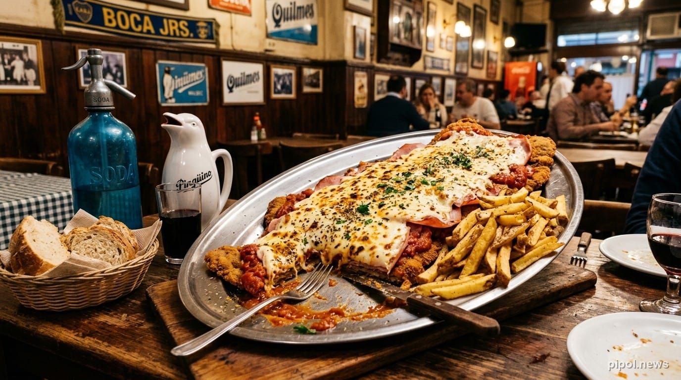 Milanesa a la napolitana XXL sobre fuente ovalada de acero inoxidable en una mesa de bodegón tradicional con sifón de soda azul, pingüino de vino y papas fritas