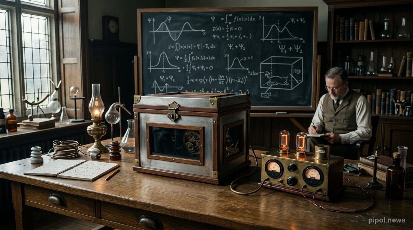 Caja metálica sellada en un laboratorio de física de 1935 con un contador Geiger y ecuaciones cuánticas en un pizarrón