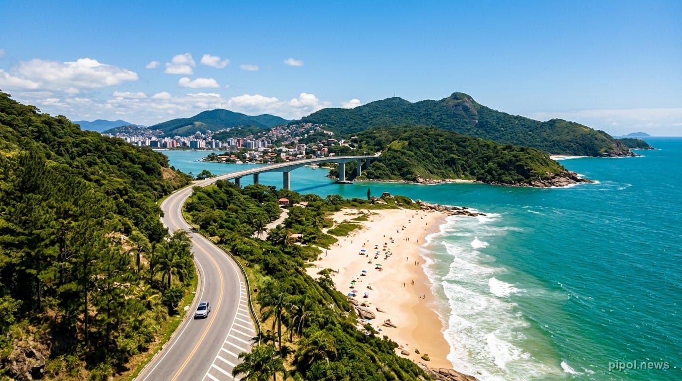 Vista aérea panorámica de la ruta costera y playas de arena blanca en el litoral de Santa Catarina al sur de Brasil