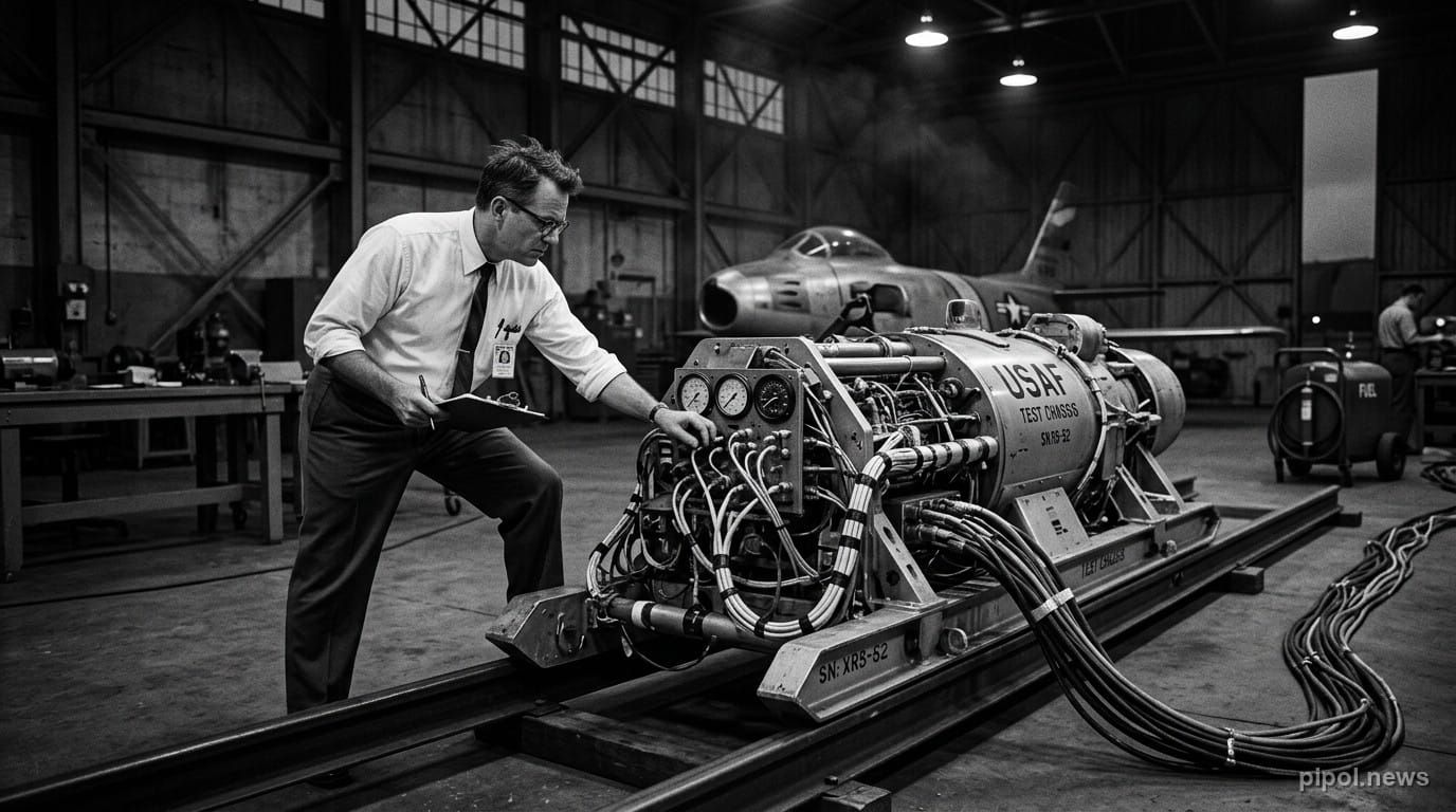 Ingeniero aeroespacial inspeccionando sensores y cableado en un trineo de pruebas de la Fuerza Aérea en un hangar de 1949